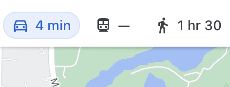 A screenshot of Google Maps. Driving to the destination takes 4 minutes, and walking to the destination takes 1 hour 30 minutes. There is no public transit option.